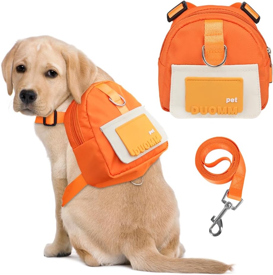 Dog Backpack Harness with Leash,Cute Pet Puppy Backpacks Bulid-in Dog Poop Bag Dispenser,Adjustable Pets Self Carrier Bag for Small Medium Dogs Travel Hiking Daily Walking(S, Yellow)