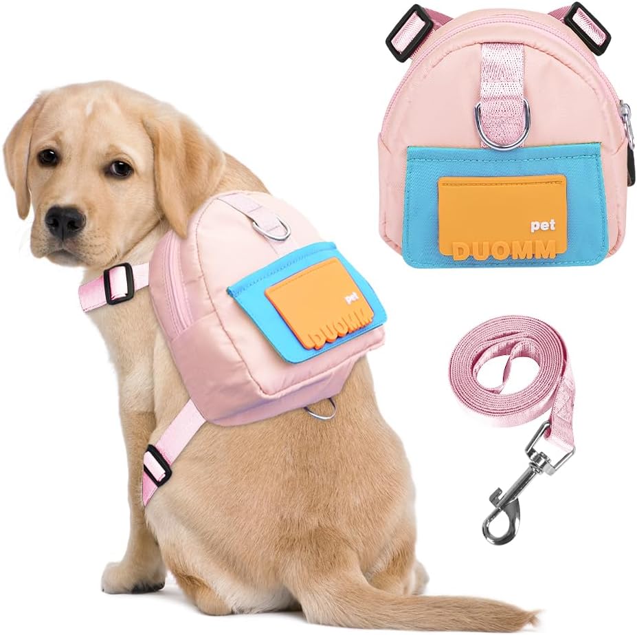 Dog Backpack Harness with Leash,Cute Pet Puppy Backpacks Bulid-in Dog Poop Bag Dispenser,Adjustable Pets Self Carrier Bag for Small Medium Dogs Travel Hiking Daily Walking(S, Yellow)