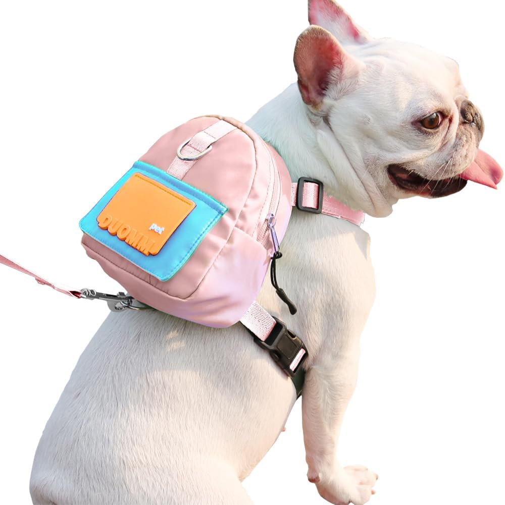 Dog Backpack Harness with Leash,Cute Pet Puppy Backpacks Bulid-in Dog Poop Bag Dispenser,Adjustable Pets Self Carrier Bag for Small Medium Dogs Travel Hiking Daily Walking(S, Yellow)