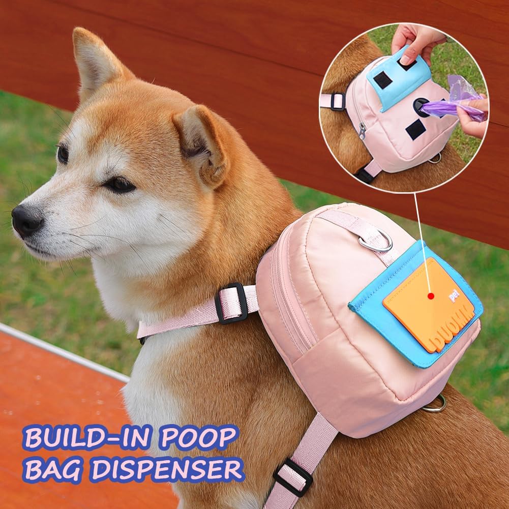 Dog Backpack Harness with Leash,Cute Pet Puppy Backpacks Bulid-in Dog Poop Bag Dispenser,Adjustable Pets Self Carrier Bag for Small Medium Dogs Travel Hiking Daily Walking(S, Yellow)