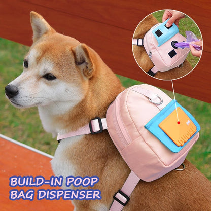 Dog Backpack Harness with Leash,Cute Pet Puppy Backpacks Bulid-in Dog Poop Bag Dispenser,Adjustable Pets Self Carrier Bag for Small Medium Dogs Travel Hiking Daily Walking(S, Yellow)
