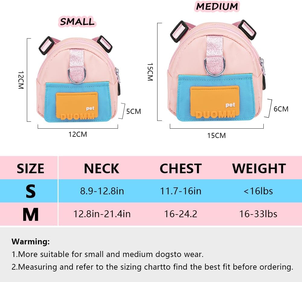 Dog Backpack Harness with Leash,Cute Pet Puppy Backpacks Bulid-in Dog Poop Bag Dispenser,Adjustable Pets Self Carrier Bag for Small Medium Dogs Travel Hiking Daily Walking(S, Yellow)