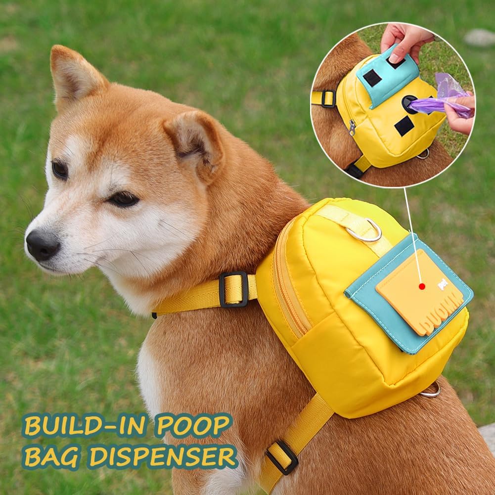 Dog Backpack Harness with Leash,Cute Pet Puppy Backpacks Bulid-in Dog Poop Bag Dispenser,Adjustable Pets Self Carrier Bag for Small Medium Dogs Travel Hiking Daily Walking(S, Yellow)