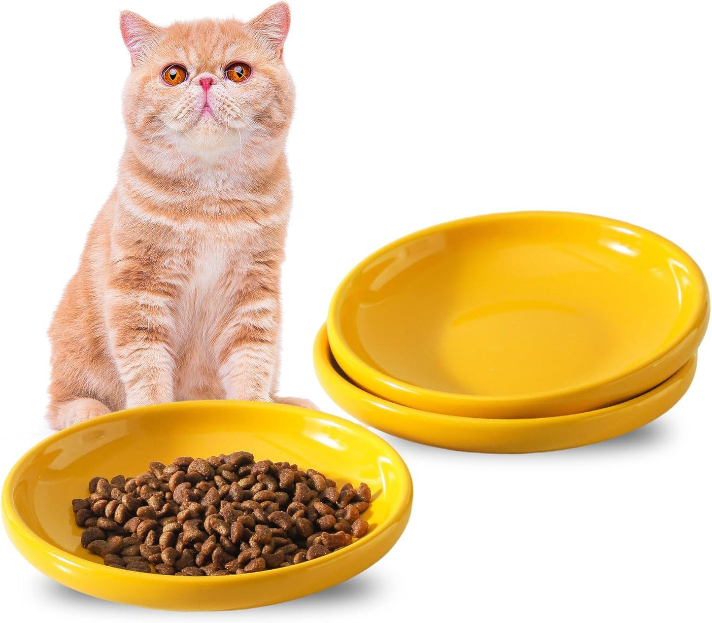 3 PCS Ceramic Cat Bowls, 5.5 in Pet Food Bowl Cat Dishes for Food and Water, Small Dog Dish(Yellow)