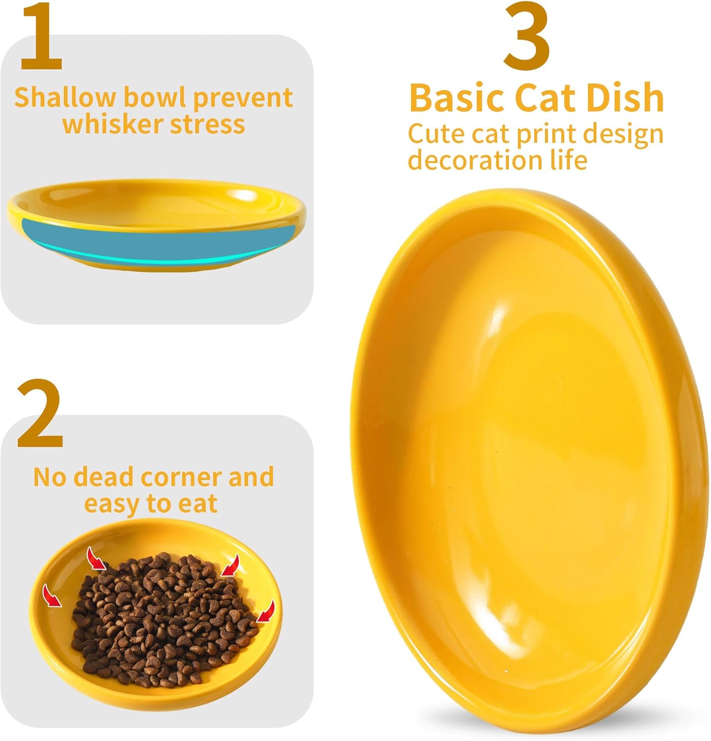 3 PCS Ceramic Cat Bowls, 5.5 in Pet Food Bowl Cat Dishes for Food and Water, Small Dog Dish(Yellow)