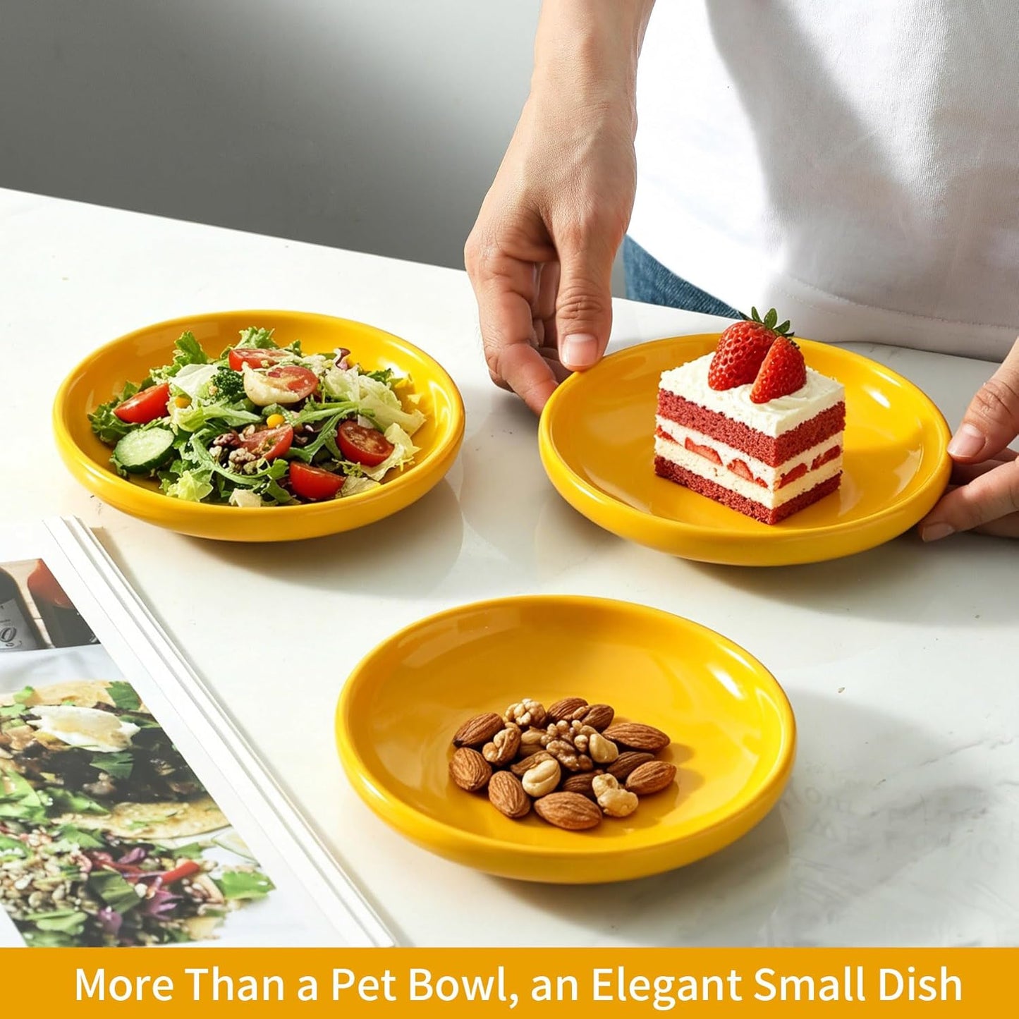 3 PCS Ceramic Cat Bowls, 5.5 in Pet Food Bowl Cat Dishes for Food and Water, Small Dog Dish(Yellow)