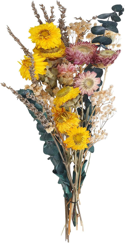 Yellow Dried Flowers Bouquet Set with Lavender Daisies Baby's Breath Eucalyptus and Craspedia for Wedding Home Decor Farmhouse Table Centerpiece DIY Floral Arrangement