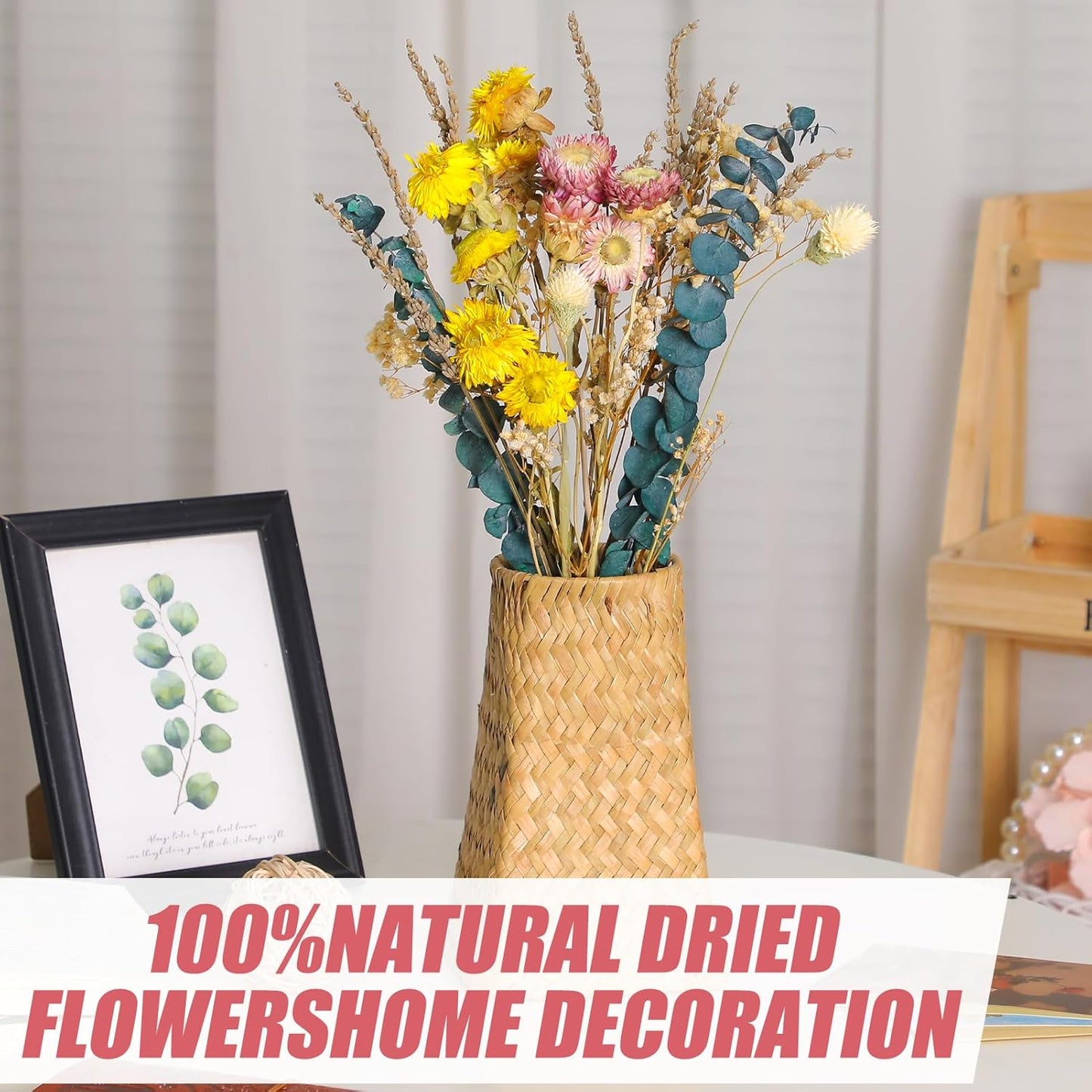 Yellow Dried Flowers Bouquet Set with Lavender Daisies Baby's Breath Eucalyptus and Craspedia for Wedding Home Decor Farmhouse Table Centerpiece DIY Floral Arrangement