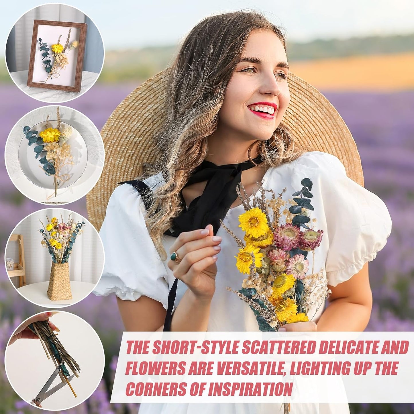 Yellow Dried Flowers Bouquet Set with Lavender Daisies Baby's Breath Eucalyptus and Craspedia for Wedding Home Decor Farmhouse Table Centerpiece DIY Floral Arrangement