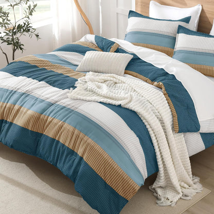 Green Yellow Comforter Set Queen - 3 Pieces Lightweight Colorblock Stripe Fluffy Bedding Comforter Sets, All Season Bed Set