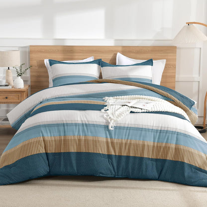 Green Yellow Comforter Set Queen - 3 Pieces Lightweight Colorblock Stripe Fluffy Bedding Comforter Sets, All Season Bed Set
