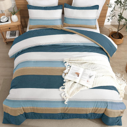 Green Yellow Comforter Set Queen - 3 Pieces Lightweight Colorblock Stripe Fluffy Bedding Comforter Sets, All Season Bed Set