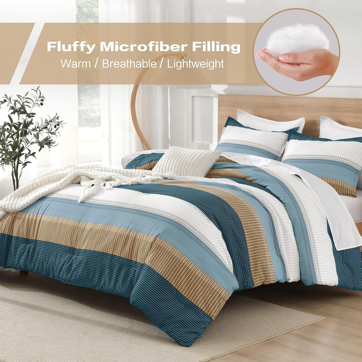 Green Yellow Comforter Set Queen - 3 Pieces Lightweight Colorblock Stripe Fluffy Bedding Comforter Sets, All Season Bed Set