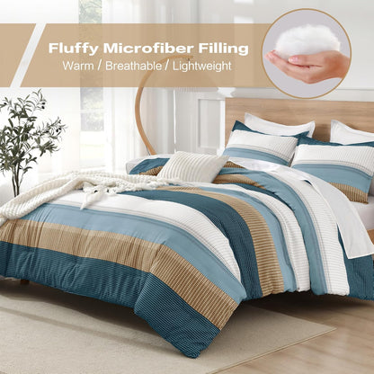 Green Yellow Comforter Set Queen - 3 Pieces Lightweight Colorblock Stripe Fluffy Bedding Comforter Sets, All Season Bed Set