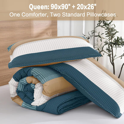 Green Yellow Comforter Set Queen - 3 Pieces Lightweight Colorblock Stripe Fluffy Bedding Comforter Sets, All Season Bed Set