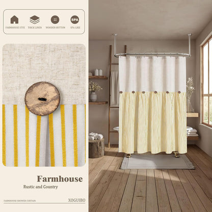 Farmhouse Shower Curtain Linen Button Woven Fabric Country Rustic Western, Pleated Yellow Stripe 72" W x 72" L