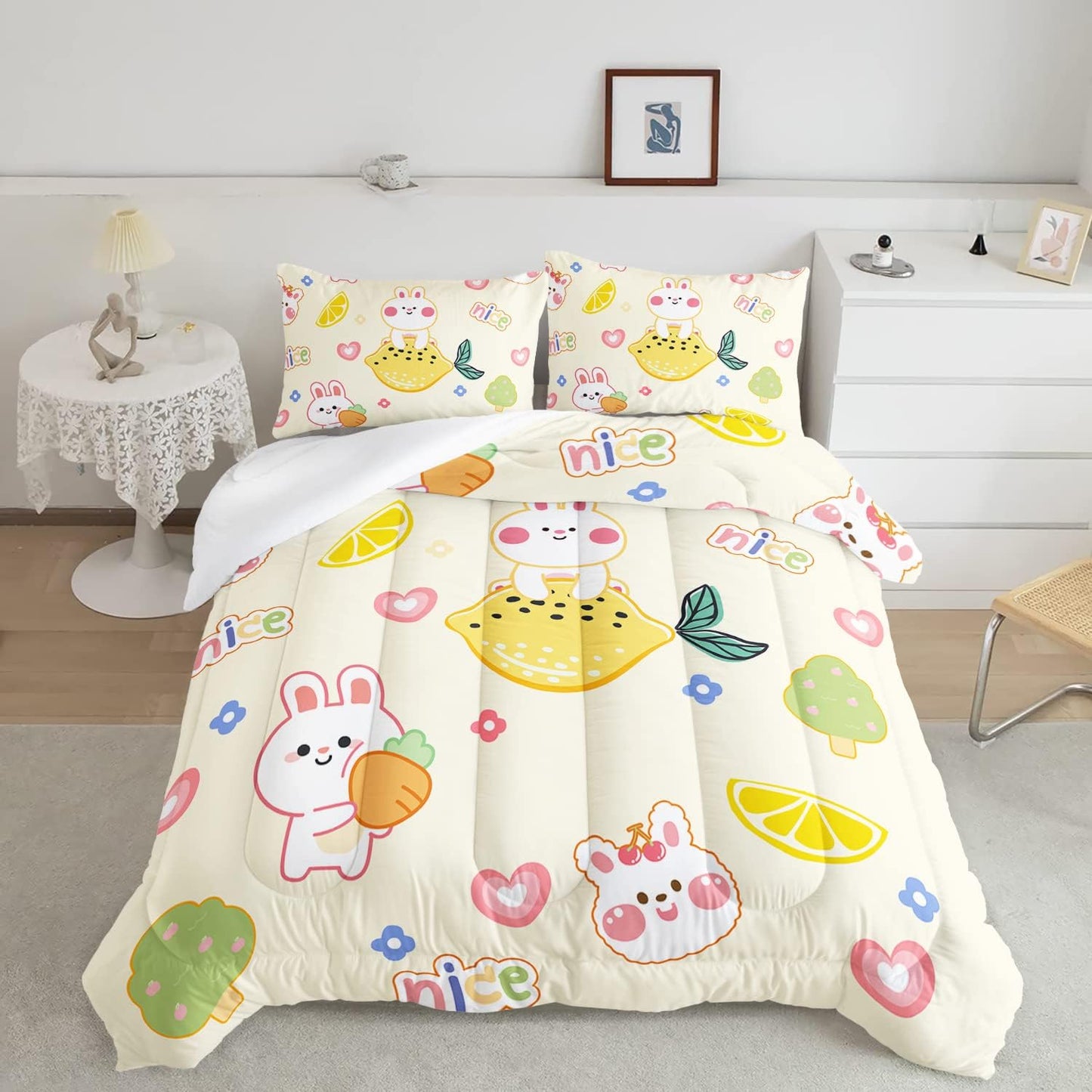 Fruit Rabbit Comforter Bedding Set for Girls Kids Teens,Cute Cartoon Bunny and Lemon Cheery Microfiber Comforter with 2 Pillowcases(Fruit Rabbit Full)