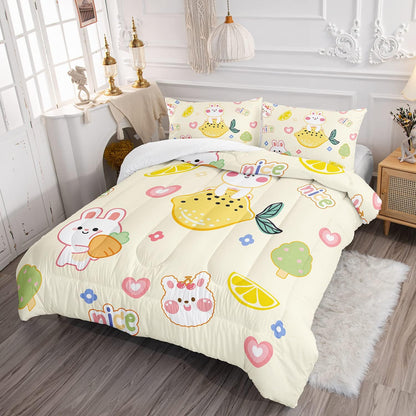 Fruit Rabbit Comforter Bedding Set for Girls Kids Teens,Cute Cartoon Bunny and Lemon Cheery Microfiber Comforter with 2 Pillowcases(Fruit Rabbit Full)