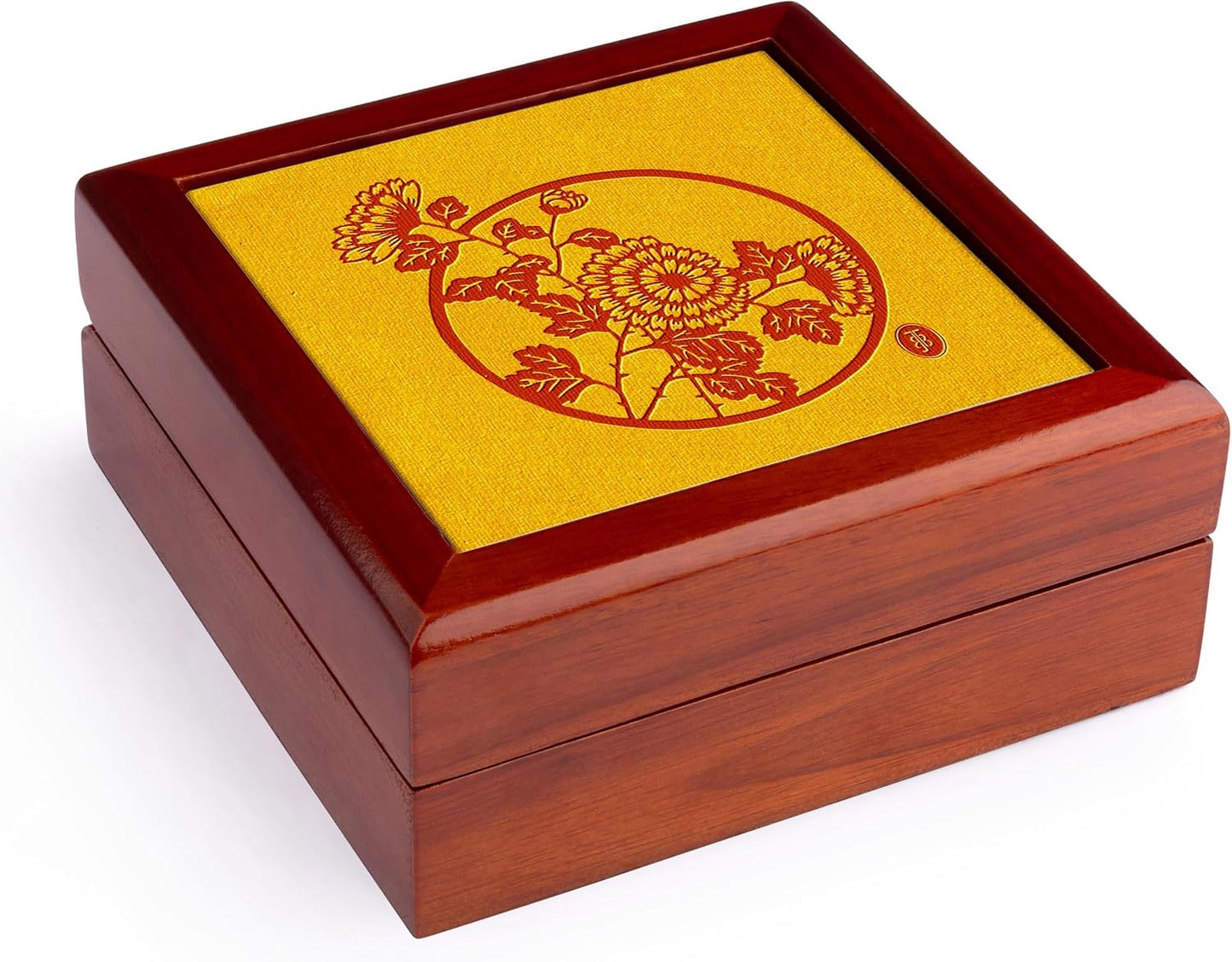 Circular Floral Motif in Red and Yellow Jewelry Box 7 x 7 inch with 4 inch tile
