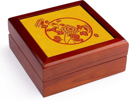 Circular Floral Motif in Red and Yellow Jewelry Box 7 x 7 inch with 4 inch tile