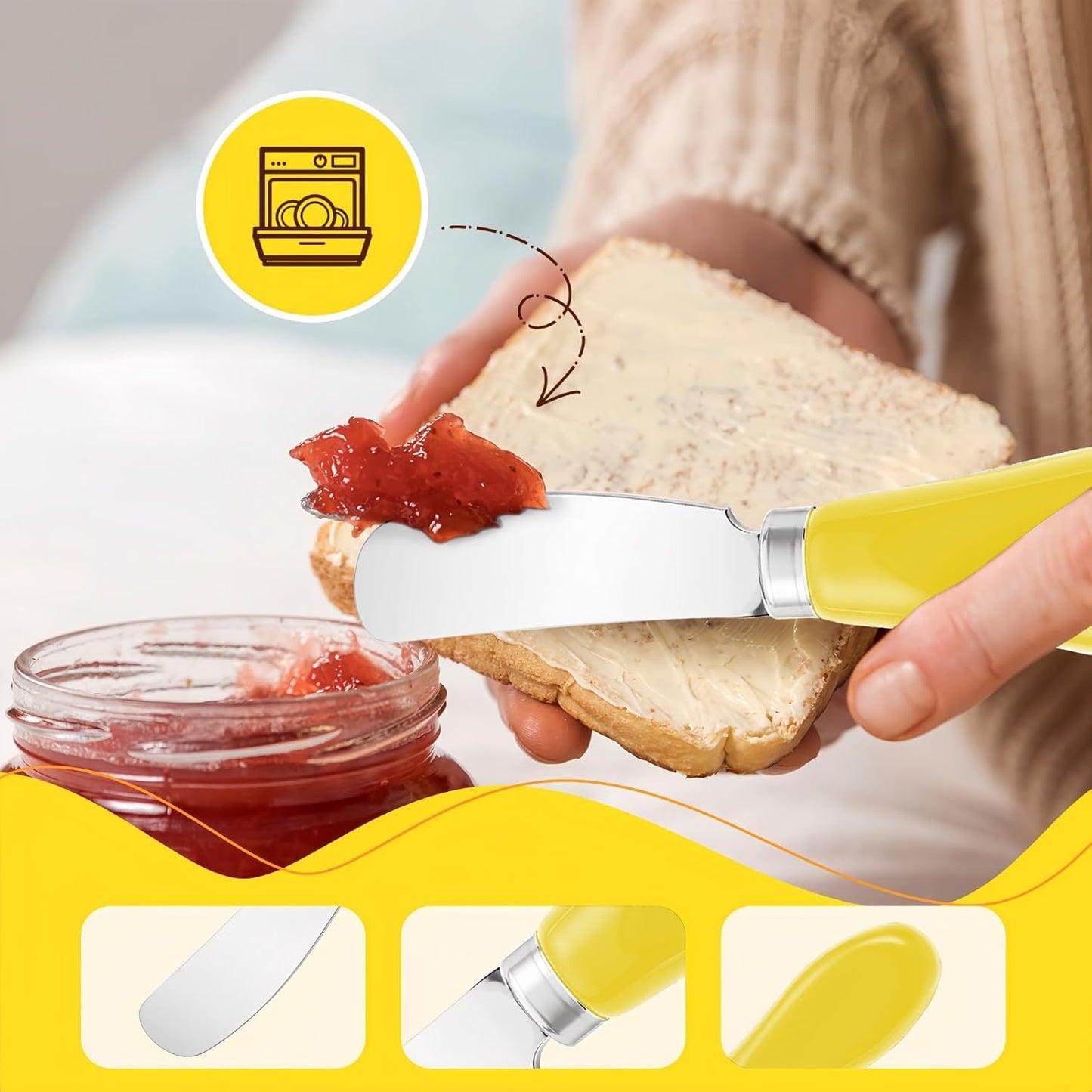 Butter Spreader Knife Set, 2-Pack Stainless Steel Cheese and Butter Knives with Ceramic Handle, Dishwasher Safe, for Soft & Hard Cheese, Jam, Cold Butter (yellow)