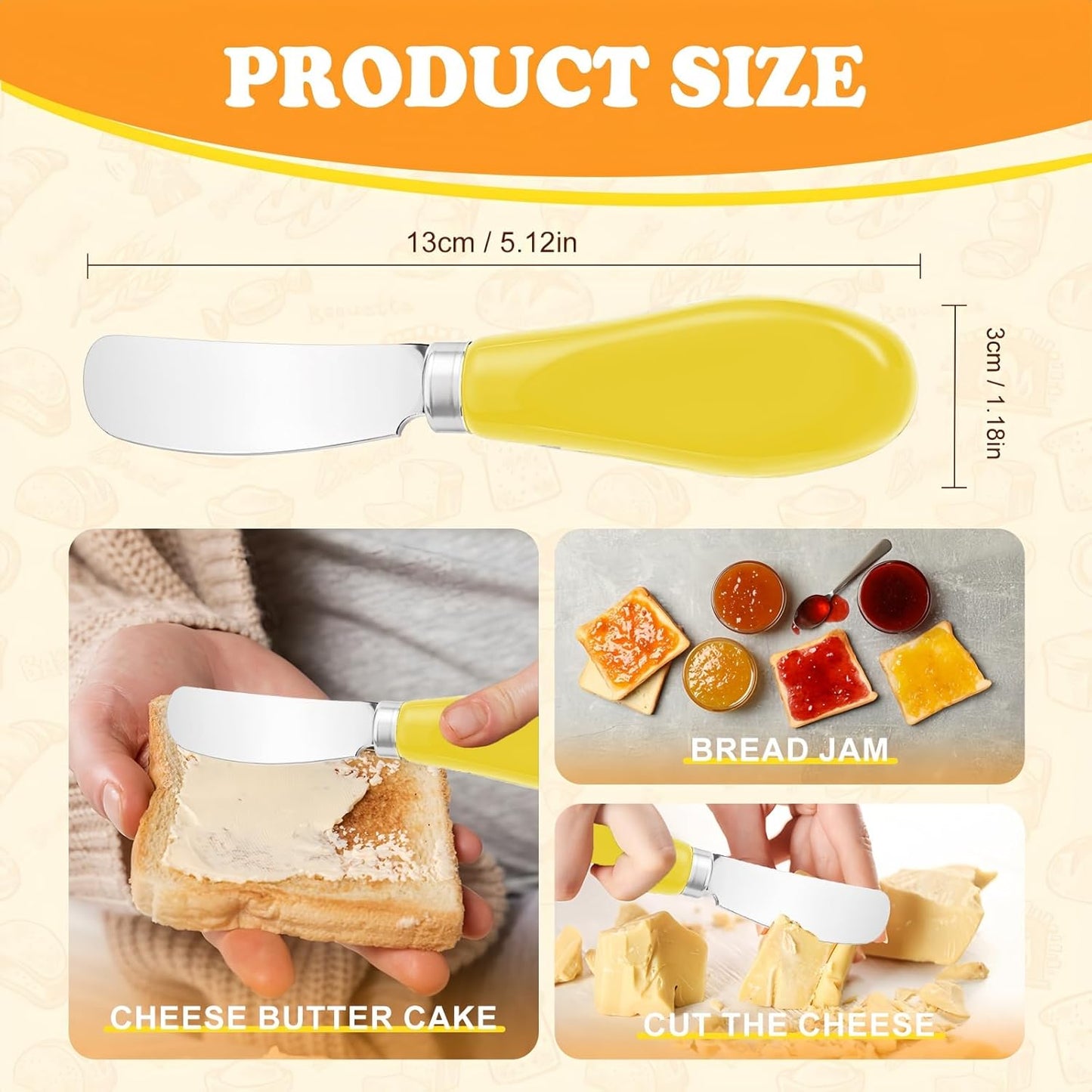 Butter Spreader Knife Set, 2-Pack Stainless Steel Cheese and Butter Knives with Ceramic Handle, Dishwasher Safe, for Soft & Hard Cheese, Jam, Cold Butter (yellow)