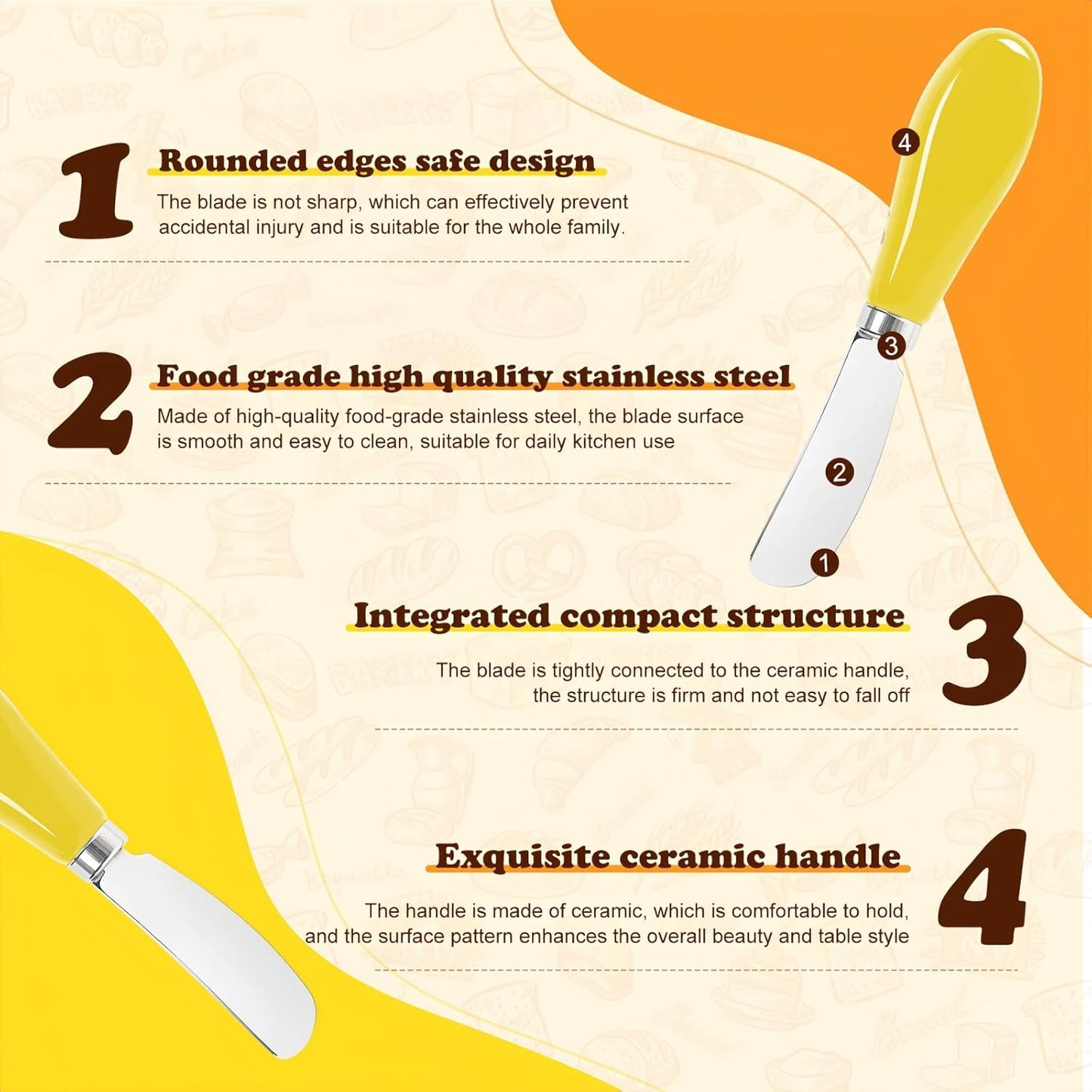 Butter Spreader Knife Set, 2-Pack Stainless Steel Cheese and Butter Knives with Ceramic Handle, Dishwasher Safe, for Soft & Hard Cheese, Jam, Cold Butter (yellow)