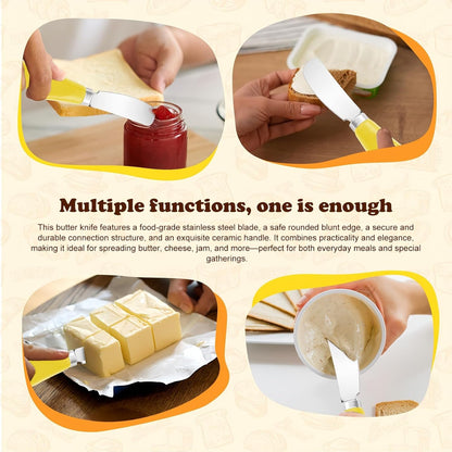 Butter Spreader Knife Set, 2-Pack Stainless Steel Cheese and Butter Knives with Ceramic Handle, Dishwasher Safe, for Soft & Hard Cheese, Jam, Cold Butter (yellow)