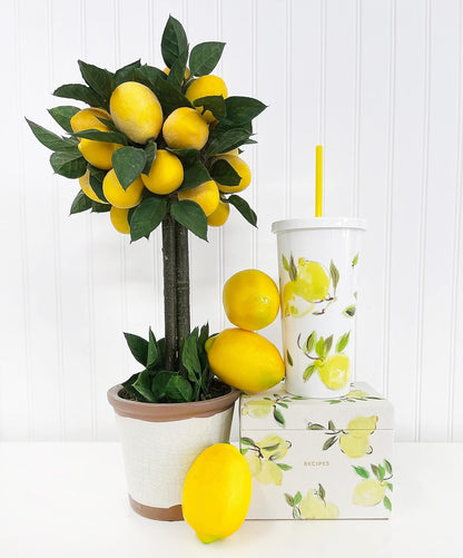 Insulated Tumbler with Reusable Straw, 20 Ounce Travel Cup with Lid, Lemons | Insulated Plastic Cup with Reusable Straw, Fruit Design, Cupholder Friendly, Travel Tumbler with Screw on Lid