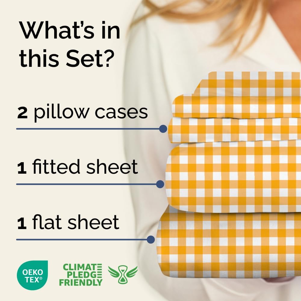 Yellow Gingham Sheets - 1 Flat & 1 Fitted Sheet & 2 Pillowcases w/ Deep Pockets - Grid, Plaid, Checkered Pattern Bed Set - Comfy, Wrinkle & Fade Free - Ultra-Soft, Breathable and Cooling - Queen Size