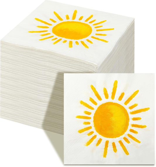 100 Pcs First Trip Around The Sun Napkins, Boho Sunshine Paper Napkins for 1st Birthday, Baby Shower, Party Decorations, 13" x 13" Disposable Cocktail Luncheon Paper, Vibrant Yellow Sun Design