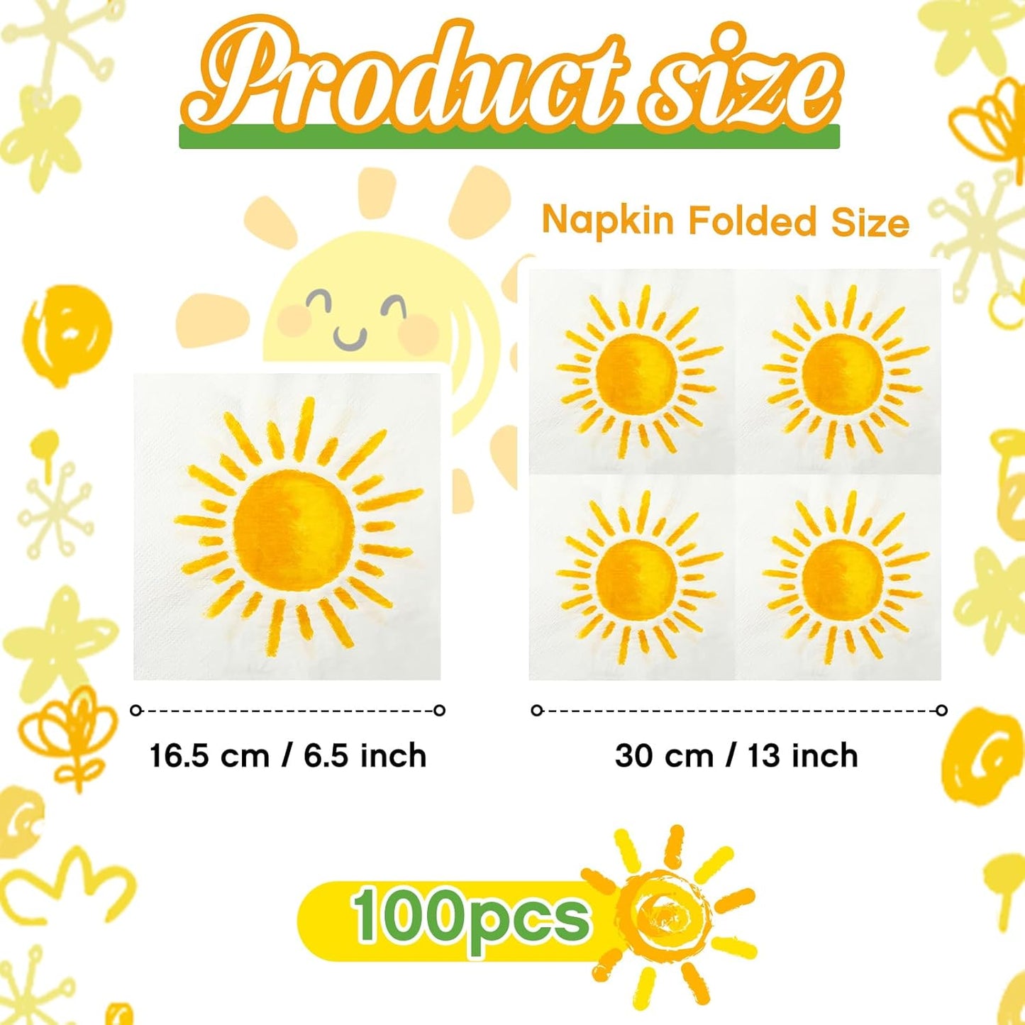 100 Pcs First Trip Around The Sun Napkins, Boho Sunshine Paper Napkins for 1st Birthday, Baby Shower, Party Decorations, 13" x 13" Disposable Cocktail Luncheon Paper, Vibrant Yellow Sun Design