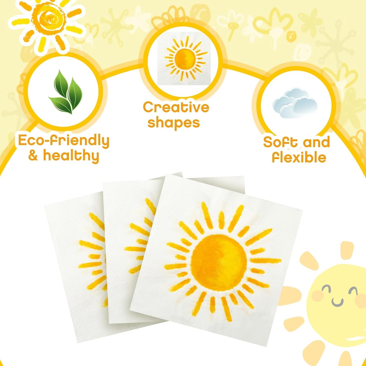 100 Pcs First Trip Around The Sun Napkins, Boho Sunshine Paper Napkins for 1st Birthday, Baby Shower, Party Decorations, 13" x 13" Disposable Cocktail Luncheon Paper, Vibrant Yellow Sun Design