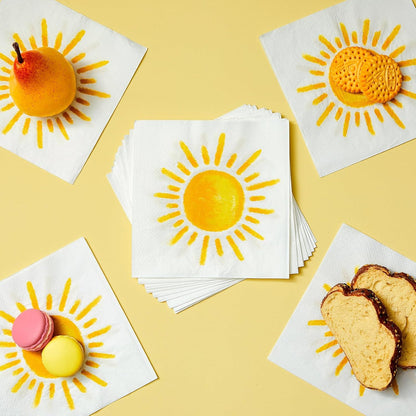 100 Pcs First Trip Around The Sun Napkins, Boho Sunshine Paper Napkins for 1st Birthday, Baby Shower, Party Decorations, 13" x 13" Disposable Cocktail Luncheon Paper, Vibrant Yellow Sun Design