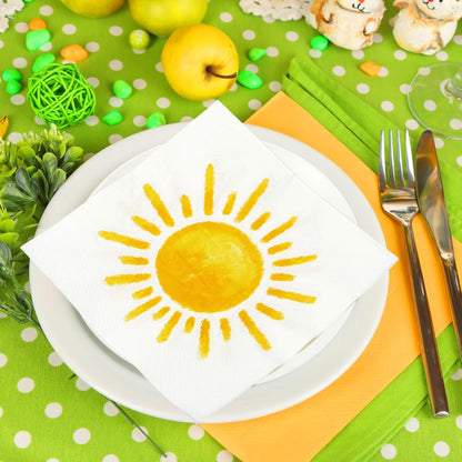 100 Pcs First Trip Around The Sun Napkins, Boho Sunshine Paper Napkins for 1st Birthday, Baby Shower, Party Decorations, 13" x 13" Disposable Cocktail Luncheon Paper, Vibrant Yellow Sun Design