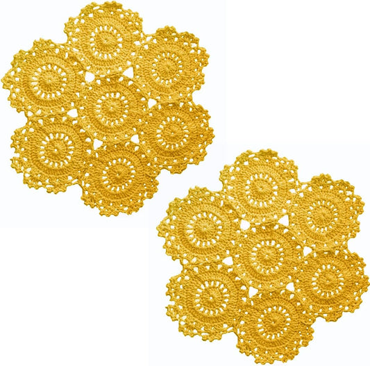 2PCS 10 Inch Handmade Crochet Placemats Round Spliced Sunflower Lace Table Doilies Anniversary Mother's Day Cup Mats Yellow
