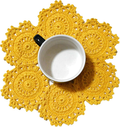 2PCS 10 Inch Handmade Crochet Placemats Round Spliced Sunflower Lace Table Doilies Anniversary Mother's Day Cup Mats Yellow