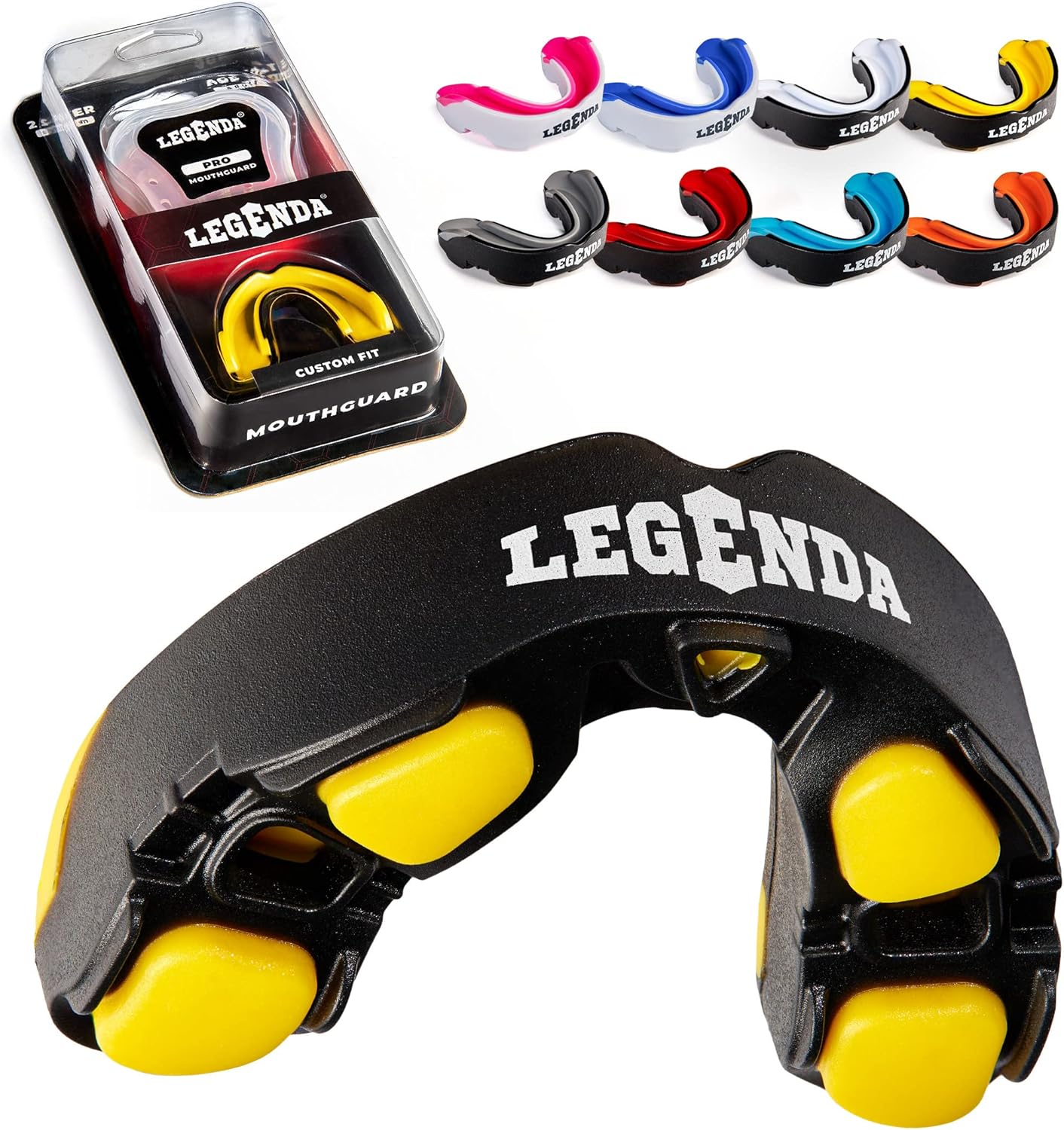 Legenda Mouth Guard Sports w/Case, Professional Mouthguard for Boxing, Football, Hockey, Jiu Jitsu, Muay Thai, MMA, Wrestling and High Contact Sports, Fits Adults, Youth, Kids 11+ (Black/Yellow)