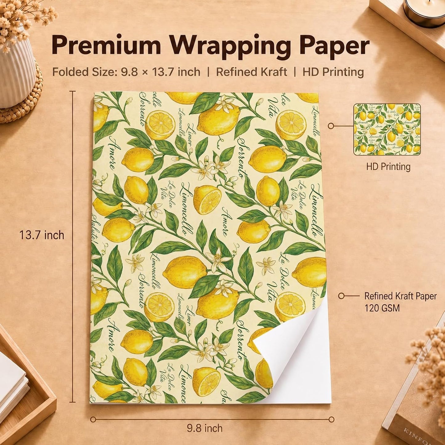 Italian Lemon Wrapping Paper, 2 Sheets, 19.7 x 27.6 in,120 GSM Kraft | Yellow Wrapping Paper, Fruit Gift Wrap, Lemon Design for Birthday, Wedding and Bridal Shower Gifts