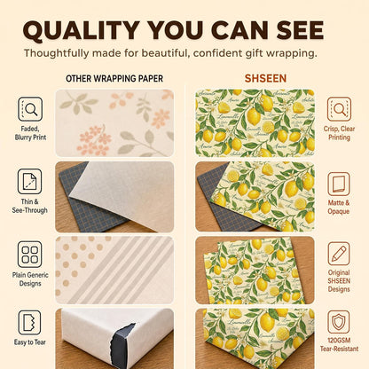Italian Lemon Wrapping Paper, 2 Sheets, 19.7 x 27.6 in,120 GSM Kraft | Yellow Wrapping Paper, Fruit Gift Wrap, Lemon Design for Birthday, Wedding and Bridal Shower Gifts