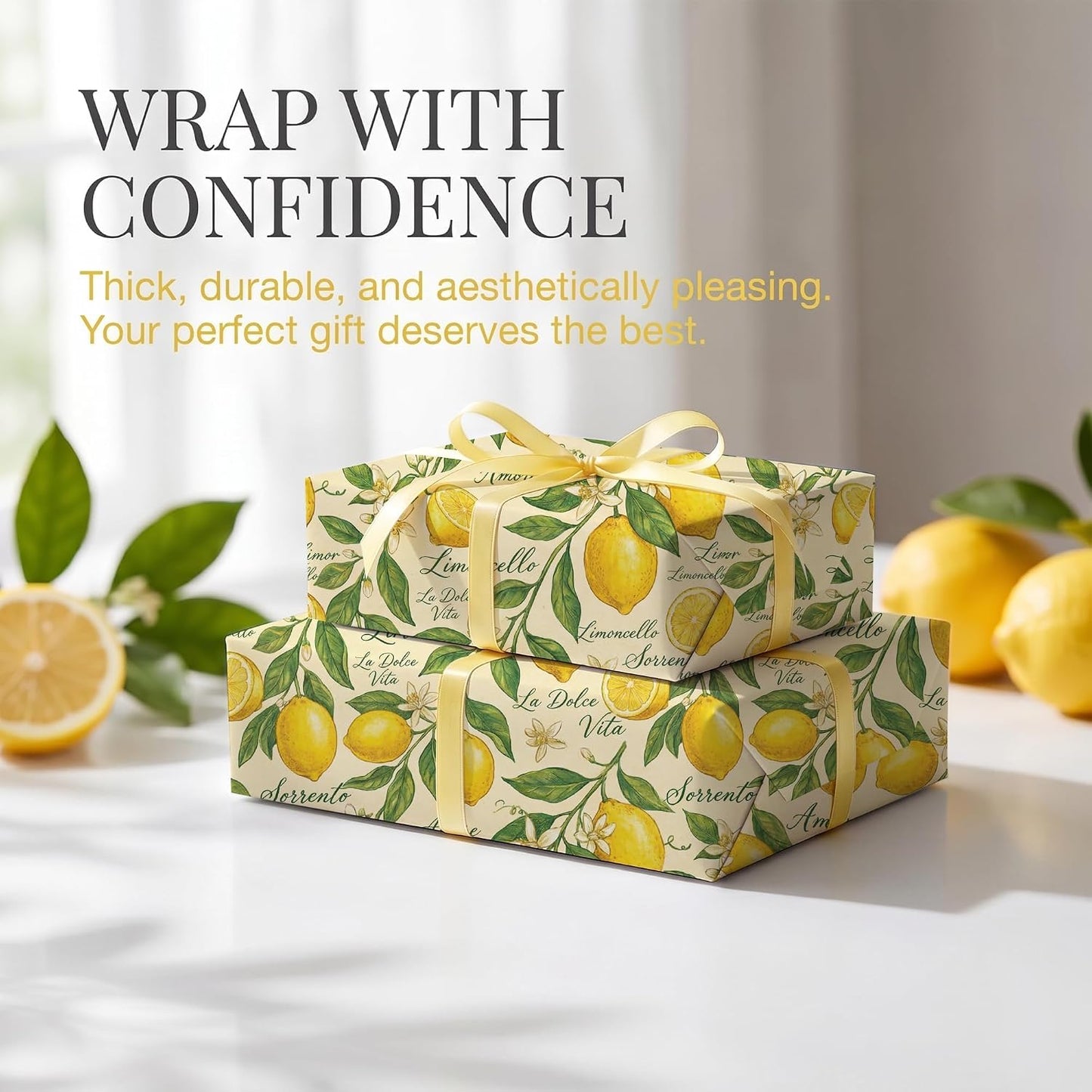 Italian Lemon Wrapping Paper, 2 Sheets, 19.7 x 27.6 in,120 GSM Kraft | Yellow Wrapping Paper, Fruit Gift Wrap, Lemon Design for Birthday, Wedding and Bridal Shower Gifts