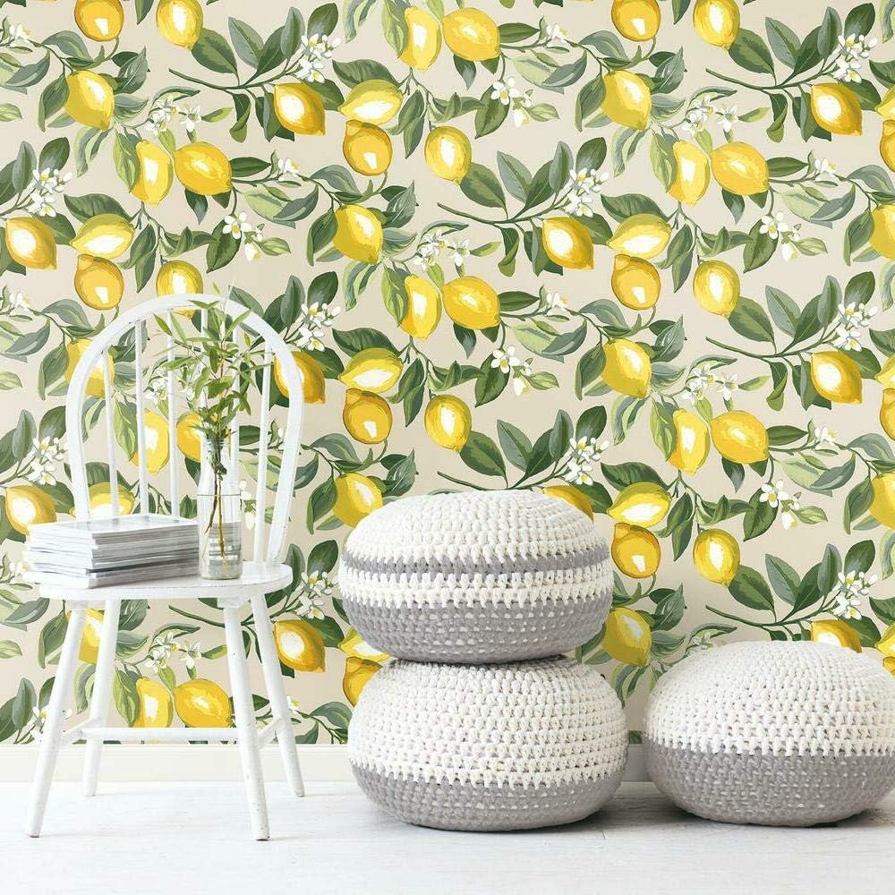 Lemon Zest Yellow and Teal Peel and Stick Wallpaper, Vinyl, 20.5-in x 16.5-ft, Made in USA