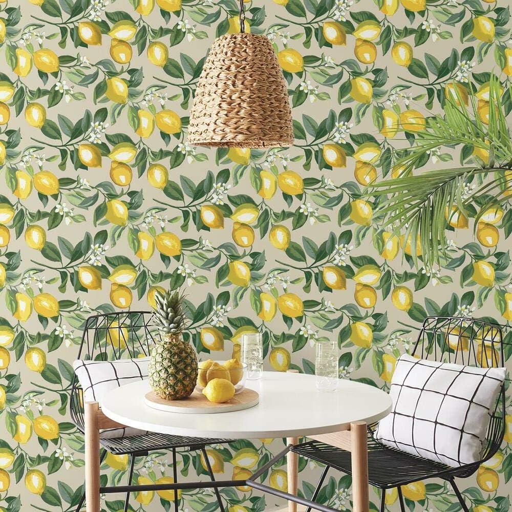 Lemon Zest Yellow and Teal Peel and Stick Wallpaper, Vinyl, 20.5-in x 16.5-ft, Made in USA