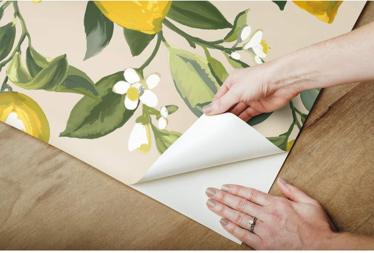 Lemon Zest Yellow and Teal Peel and Stick Wallpaper, Vinyl, 20.5-in x 16.5-ft, Made in USA