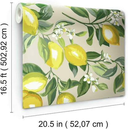 Lemon Zest Yellow and Teal Peel and Stick Wallpaper, Vinyl, 20.5-in x 16.5-ft, Made in USA