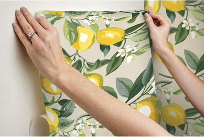 Lemon Zest Yellow and Teal Peel and Stick Wallpaper, Vinyl, 20.5-in x 16.5-ft, Made in USA