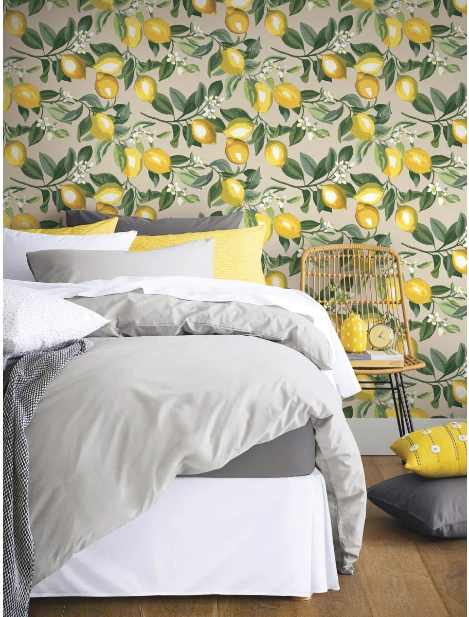 Lemon Zest Yellow and Teal Peel and Stick Wallpaper, Vinyl, 20.5-in x 16.5-ft, Made in USA