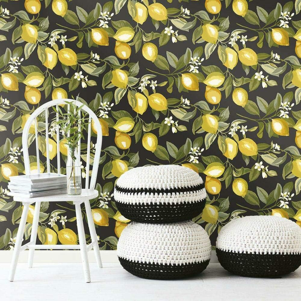 Lemon Zest Yellow and Teal Peel and Stick Wallpaper, Vinyl, 20.5-in x 16.5-ft, Made in USA