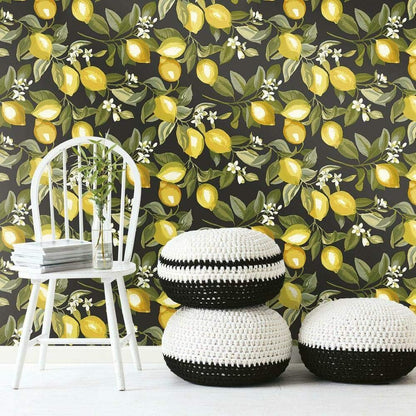 Lemon Zest Yellow and Teal Peel and Stick Wallpaper, Vinyl, 20.5-in x 16.5-ft, Made in USA