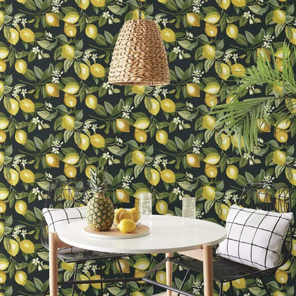 Lemon Zest Yellow and Teal Peel and Stick Wallpaper, Vinyl, 20.5-in x 16.5-ft, Made in USA